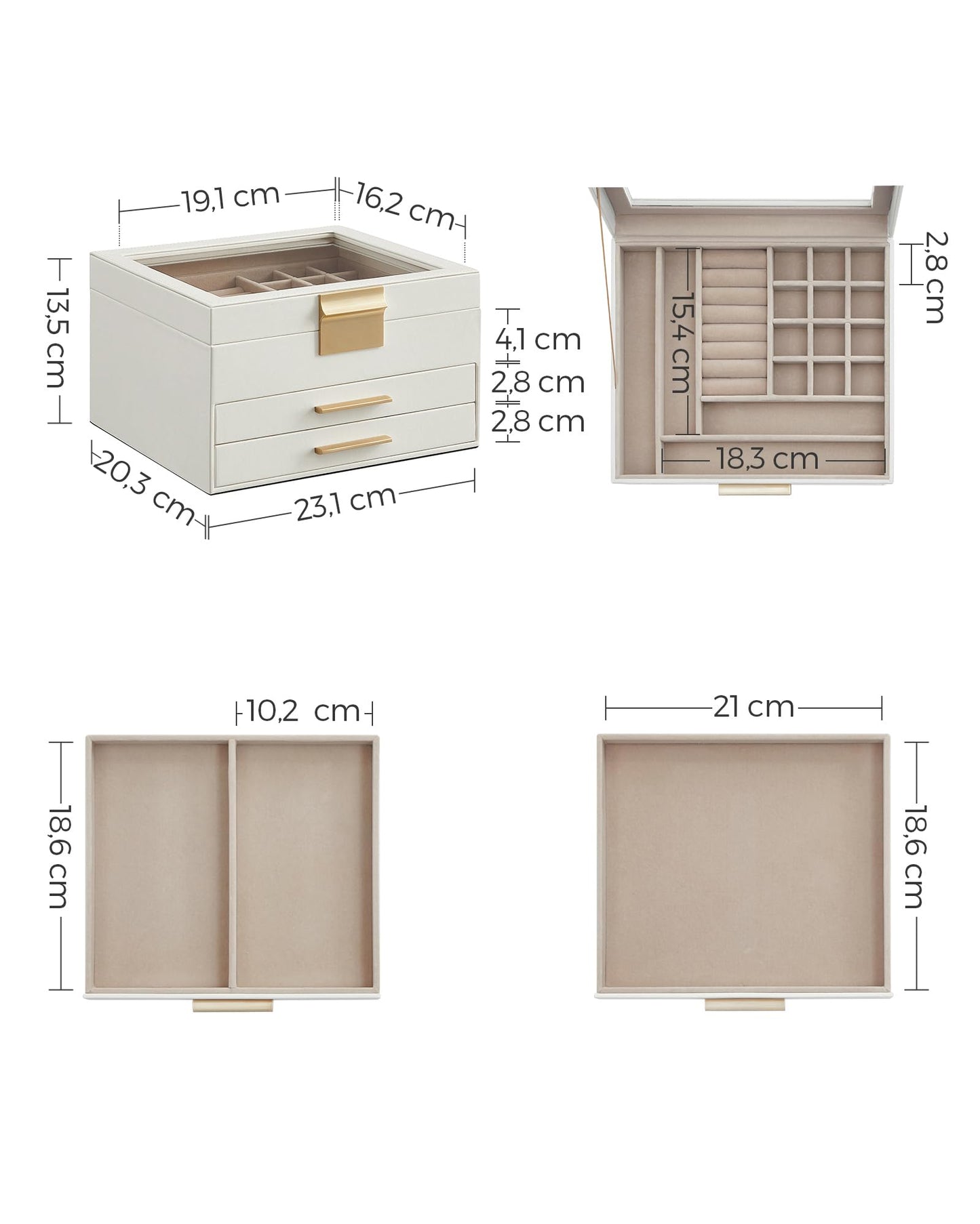 SONGMICS Jewelry box with 3 levels, glass lid, 2 drawers, ample storage, modern design, perfect gift for your loved ones, cloud white-gold JBC239WT.