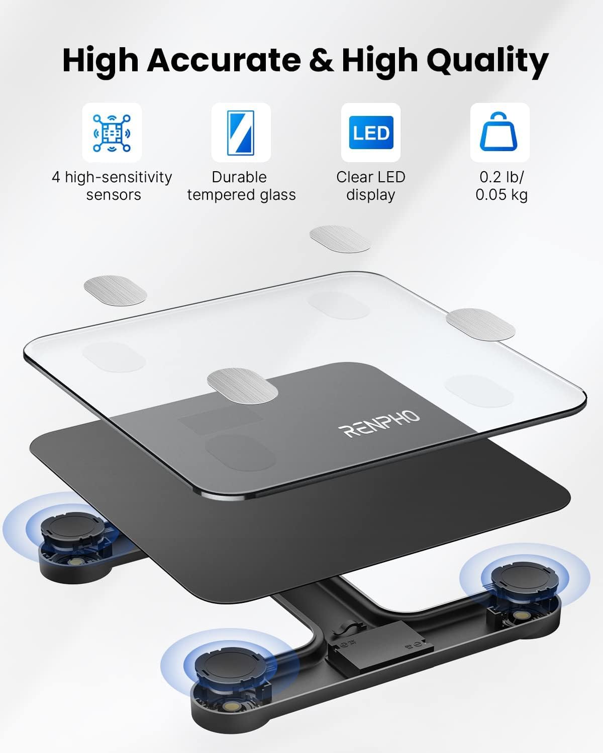 RENPHO digital bathroom scale with app for 180 kg, scale for body fat and muscle mass with 13 measurements, Bluetooth body fat scale for babies and pregnant women, black