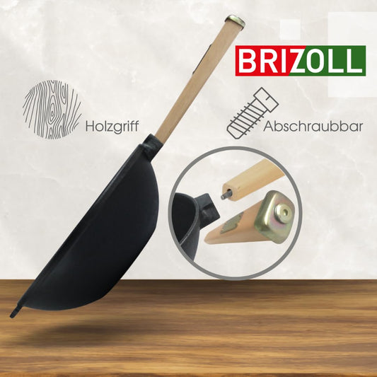 4BIG.fun Wok pan with wooden handle 24 cm made of cast iron Wok 2.2 L Outdoor frying pan Camping grill pan Cooking utensils Cast Iron Wok pan Cast Iron pan Induction