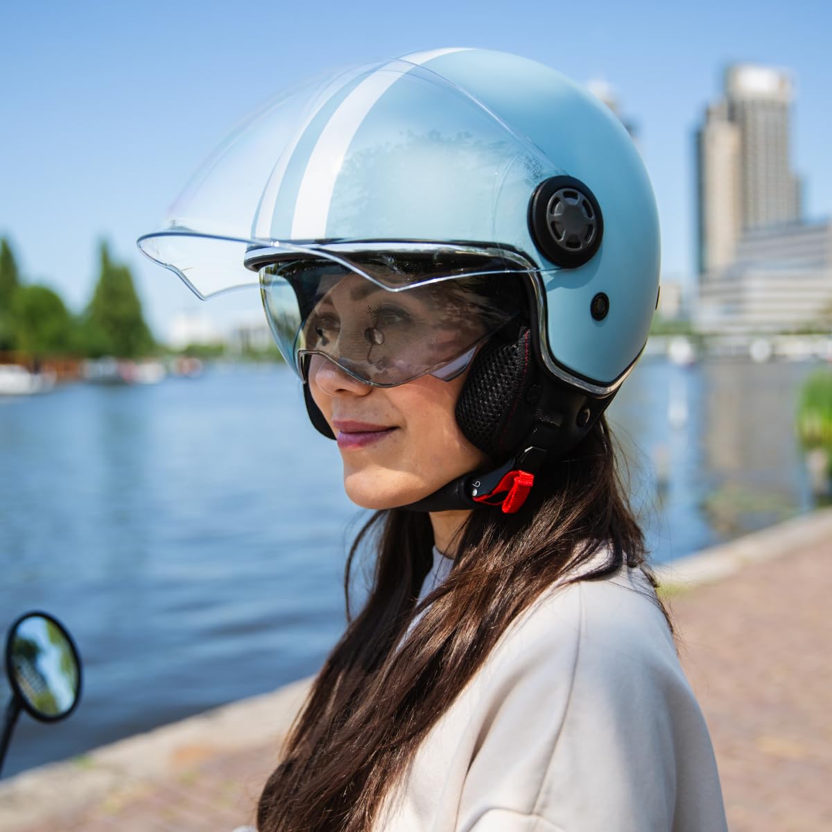 VINZ Parchi Jet Helmet with Double Visor | Scooter Helmet Fashion Helmet with Stripes | Available in sizes XS-XXL | Jet Helmet with Sun Visor | ECE 22.06 Certified | Motorcycle Helmet with Visor - Light Blue