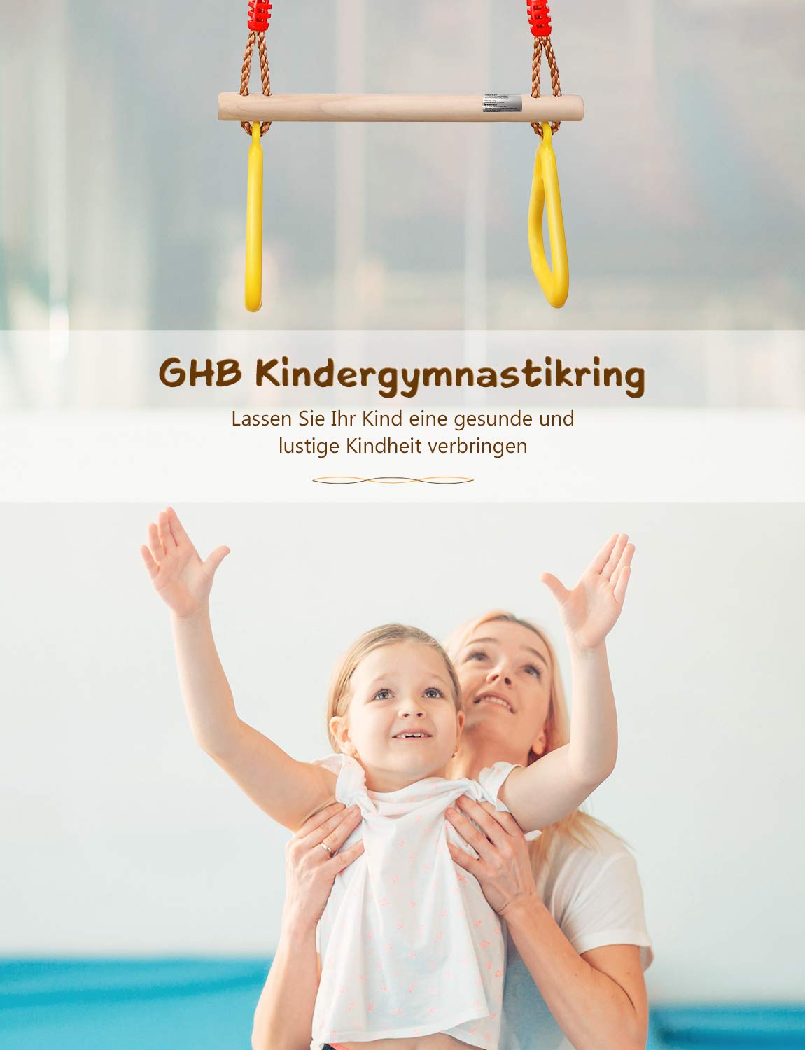 GHB Swing Trapeze Swing Swing Kids with plastic gymnastic rings for kids outdoor hanging capacity up to 120KG Yellow