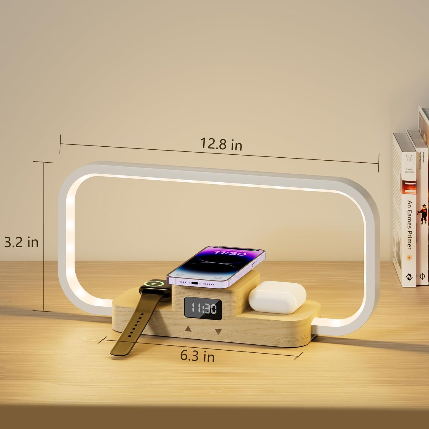 Bedside lamp with charging function, LED table lamp with touch control, stepless dimming and 5 color modes. 3-in-1 inductive charging station with wireless charger for iPhone/AirPods/iWatch (adapter included).