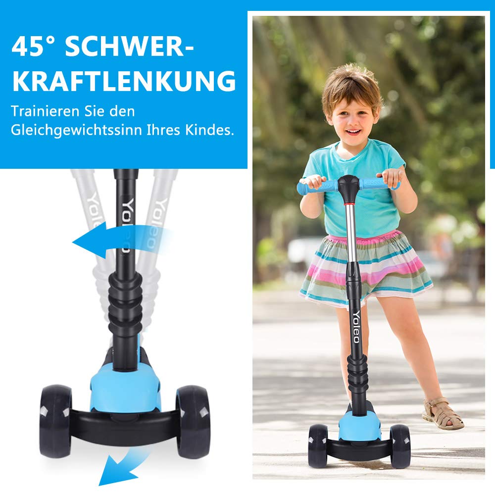 YOLEO 3-in-1 Kids Scooter with Removable Seat, LED Big Wheels, Adjustable Handlebar for Toddlers Boys Girls from 2 Years (Blue)