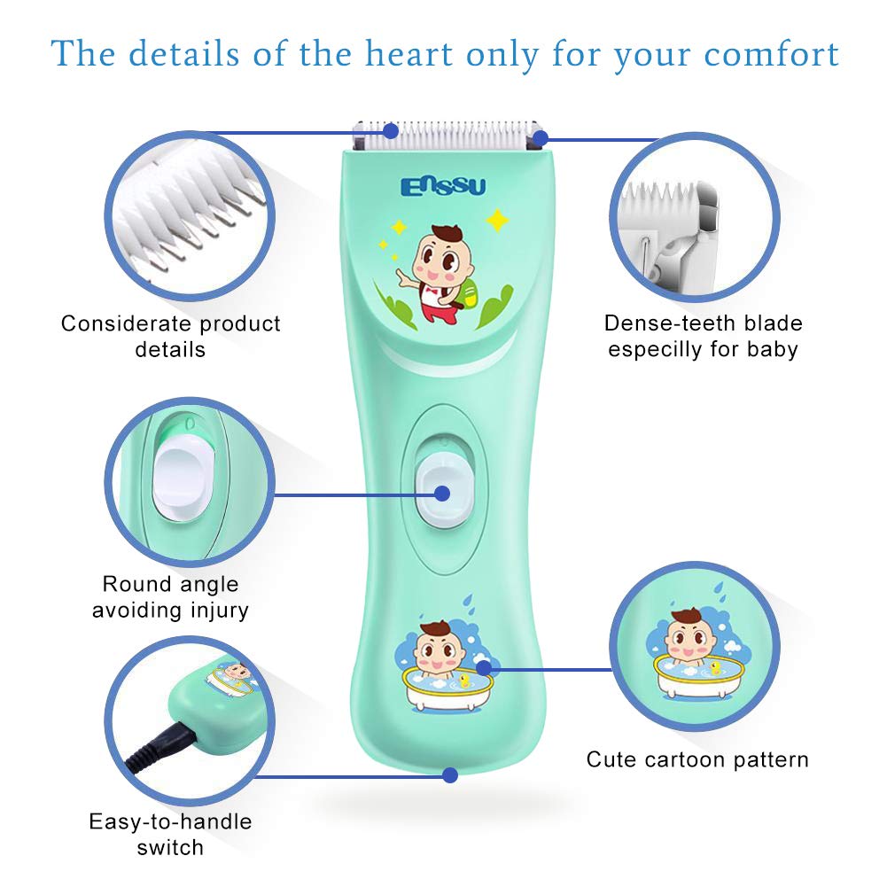 ENSSU Electronic Baby Hair Clipper, Waterproof Kids Quiet Hair Trimmer with 2 Guide Combs, Cordless Children's Haircutting with Safe Ceramic Blades.