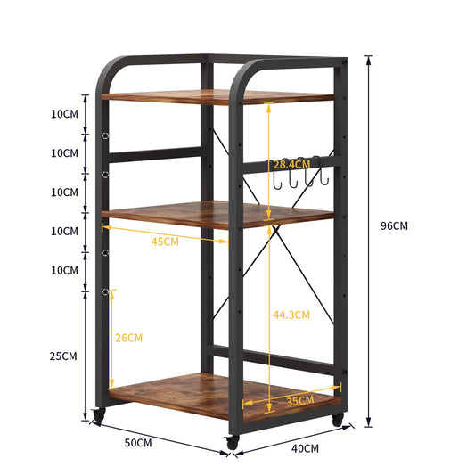 DAWNYIELD 3-tier printer stand with wheels fax shredder, computer shelf adjustable height rolling storage rack for home office with 4 hooks (Vintage)