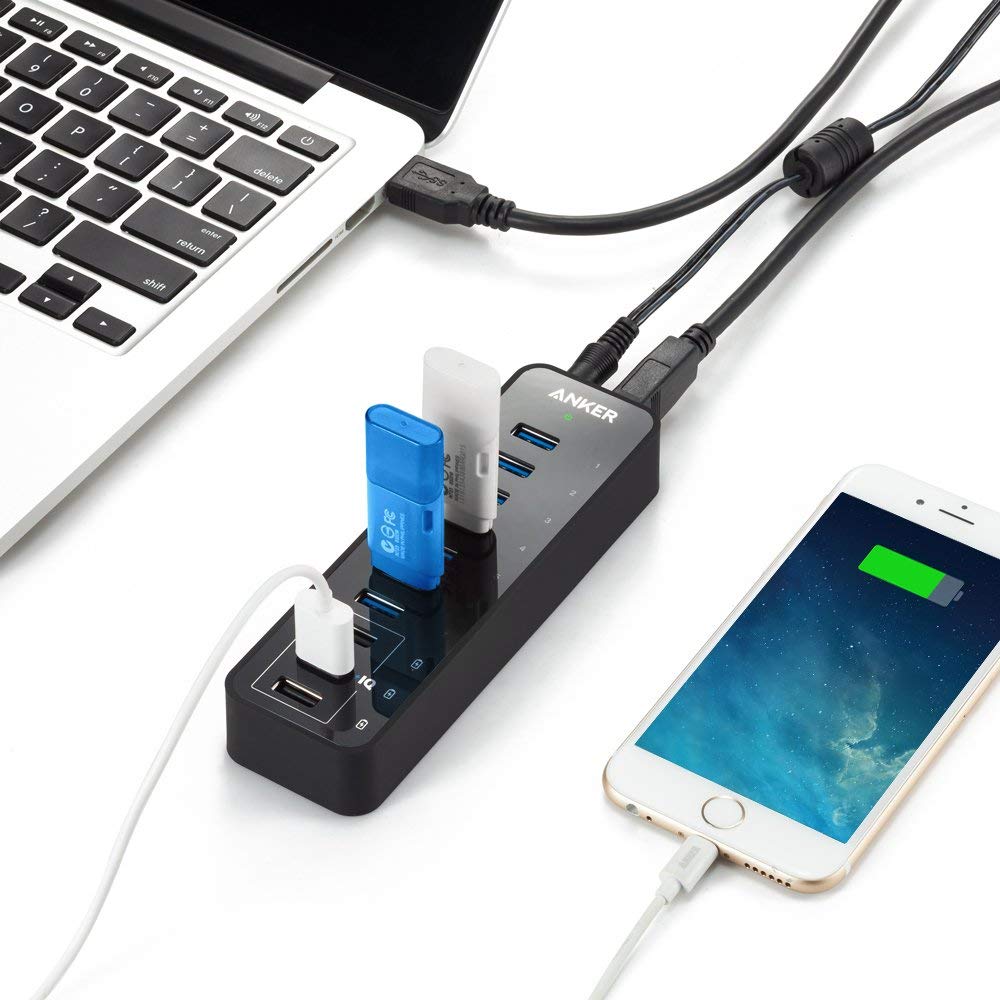 Anchor 10 Port 60W Data Hub USB 3.0 7-Port with 3 PowerIQ charging ports, compatible with MacBook, Mac Pro/Mini, iMac, XPS, Surface Pro, iPhone 7, 6s Plus, iPad Air 2, Galaxy Series, Mobile HDD, and more.