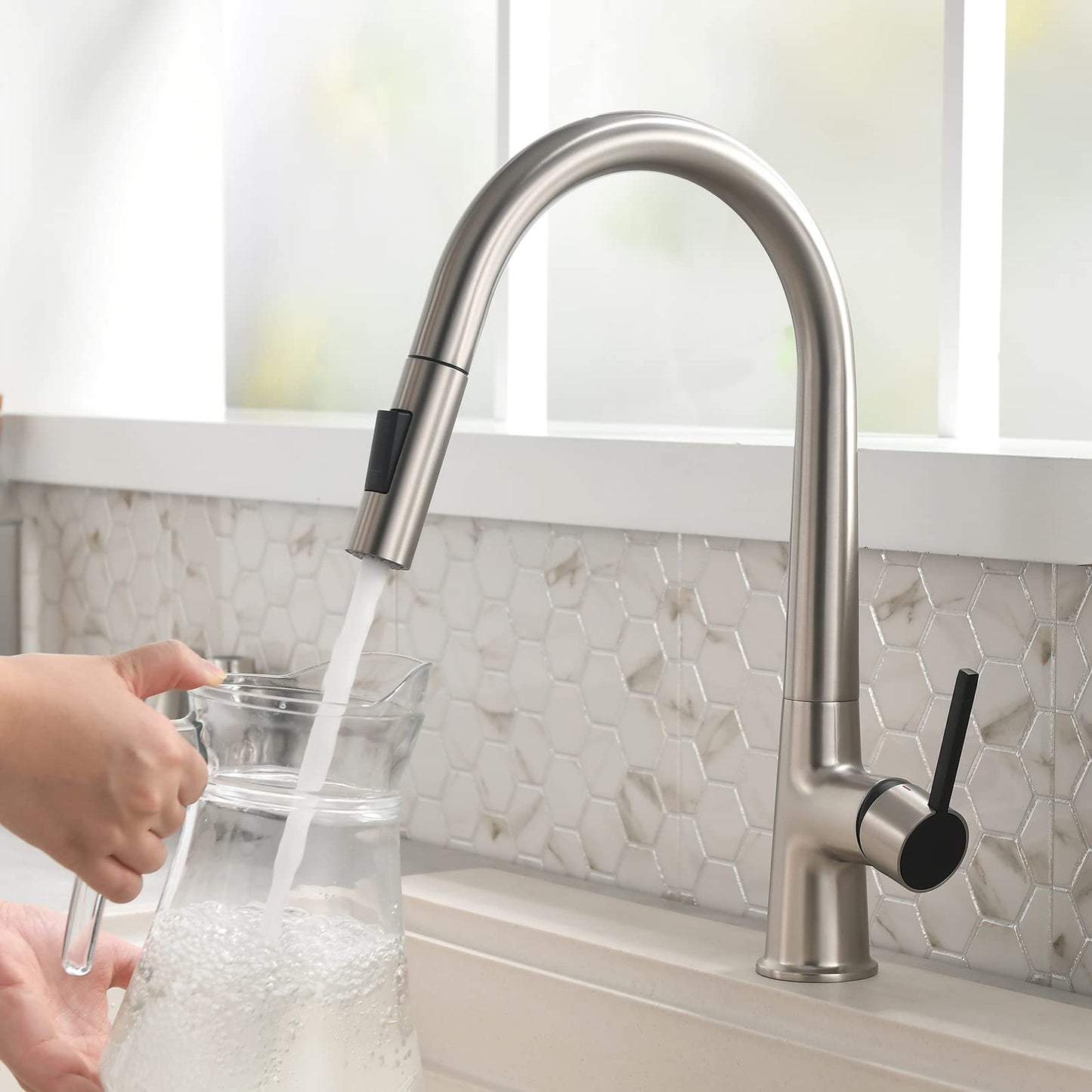 TIMACO High Pressure Kitchen Faucet, Pull Down Kitchen Faucet, Kitchen Sink Faucet 360° Rotatable, Kitchen Mixer Tap with Sprayer, Sink Tap with Two Flow Patterns, 304 Stainless Steel, Brushed Nickel