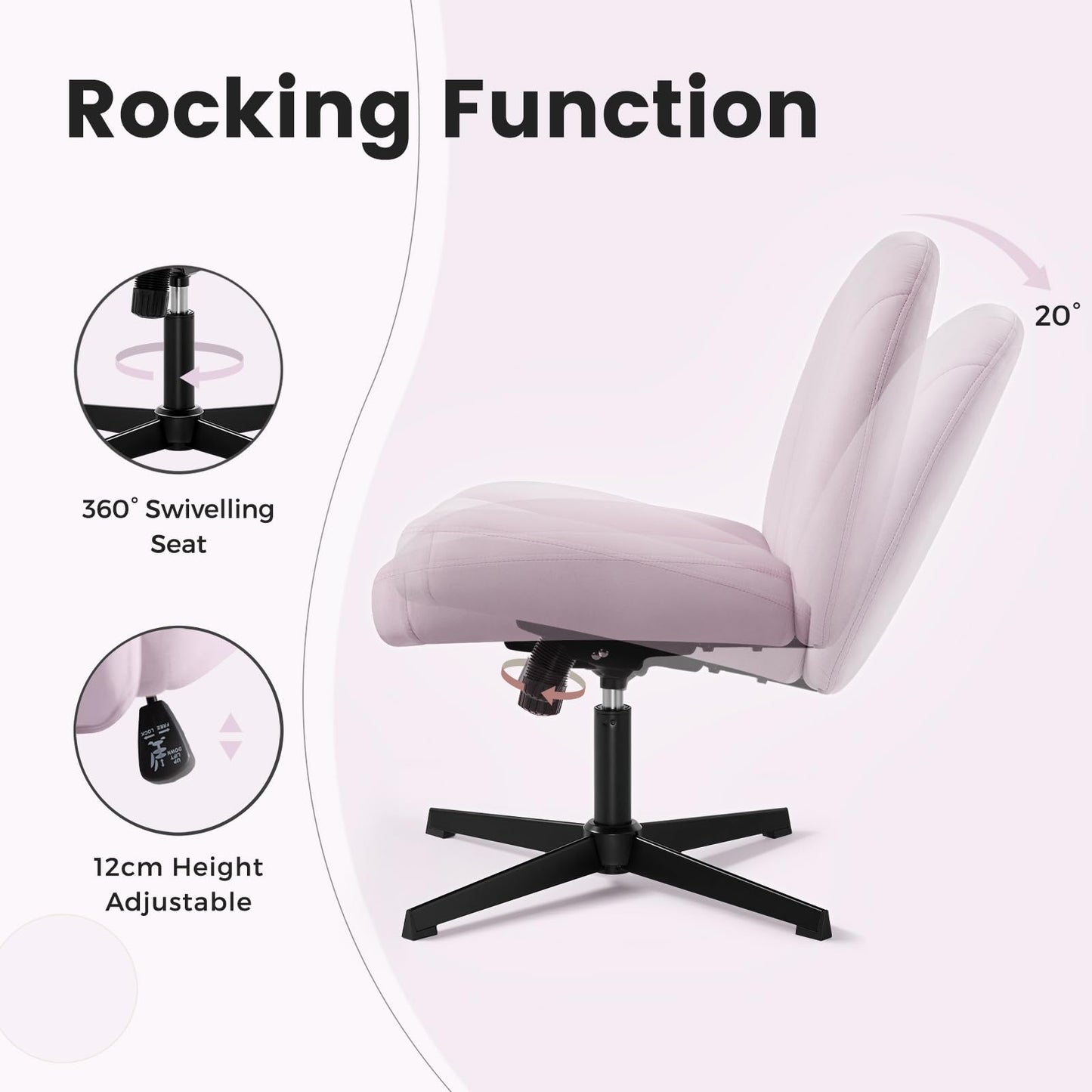 IWMH office chair without armrests, height adjustable swivel chair without casters, desk chair with fabric upholstery, ergonomic chair, reading chair with wider cushion for sitting cross-legged (Pink)