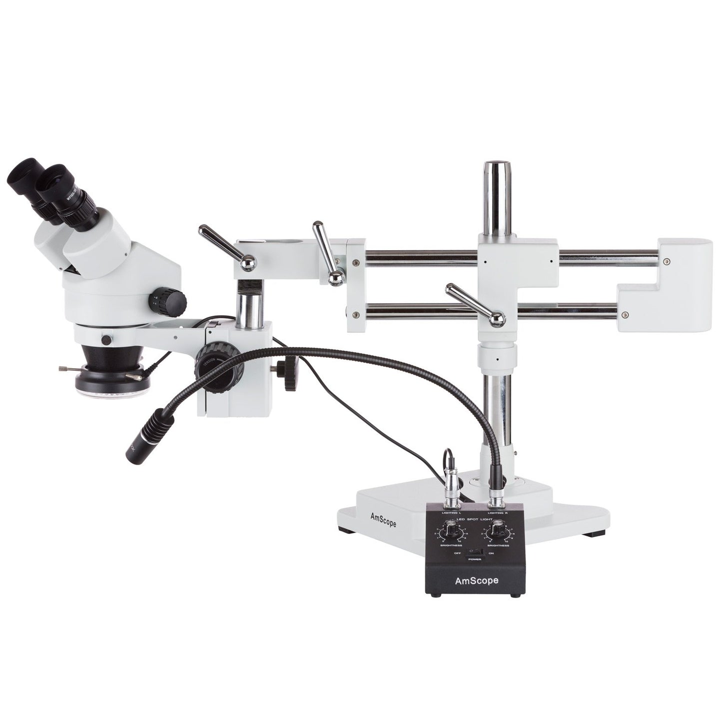 AmScope LED-11CR high-power LED dual-illuminator with gooseneck and ring light.
