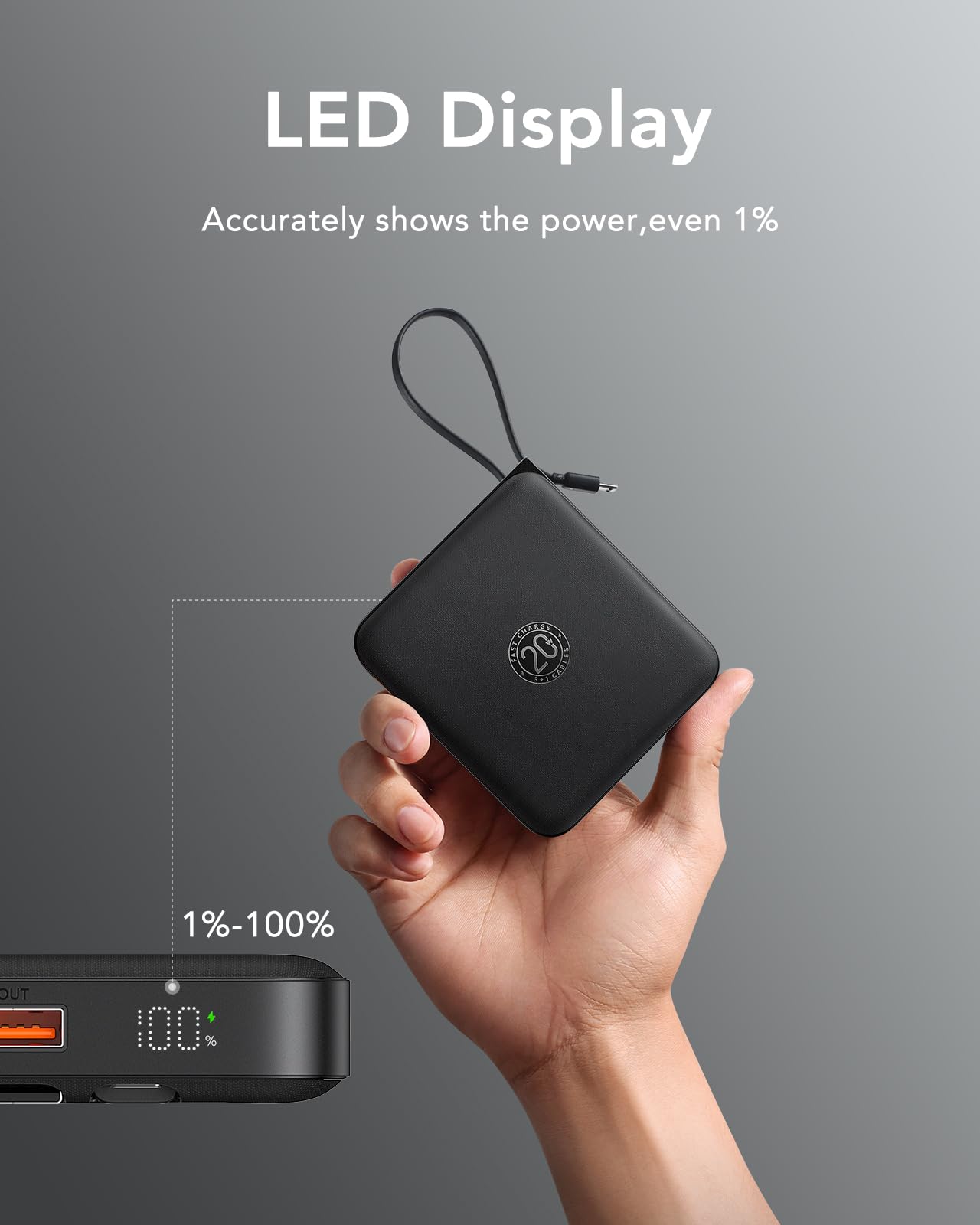 VRURC Power Bank 20000mAh with Cable Small USB C Powerbank Fast Charging Mini Portable Charger External Battery Small and lightweight with 4 outputs 3 inputs LED display for iPhone Huawei Samsung etc.