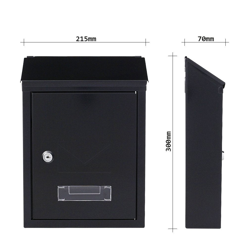 Profirst Mail PM 400 mailbox in black-grey steel with cylinder lock, 2 keys, viewing window, name tag holder, dual entry, and mounting material included.