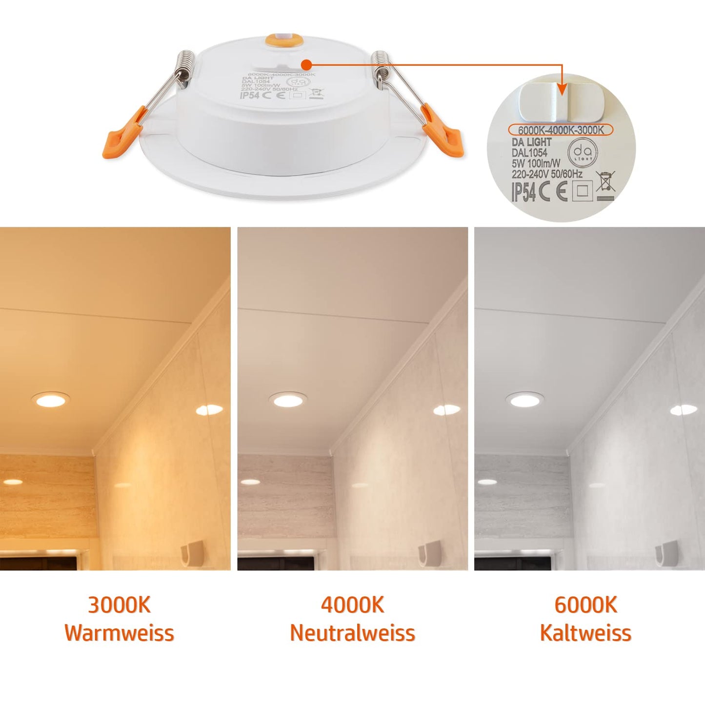 LIGHT LED recessed spotlights 230V 6 pieces, IP54 built-in lights 5W 500LM, bathroom spotlight 3000/4000/6000K, recessed ceiling light depth 25MM for bathroom living room kitchen bedroom