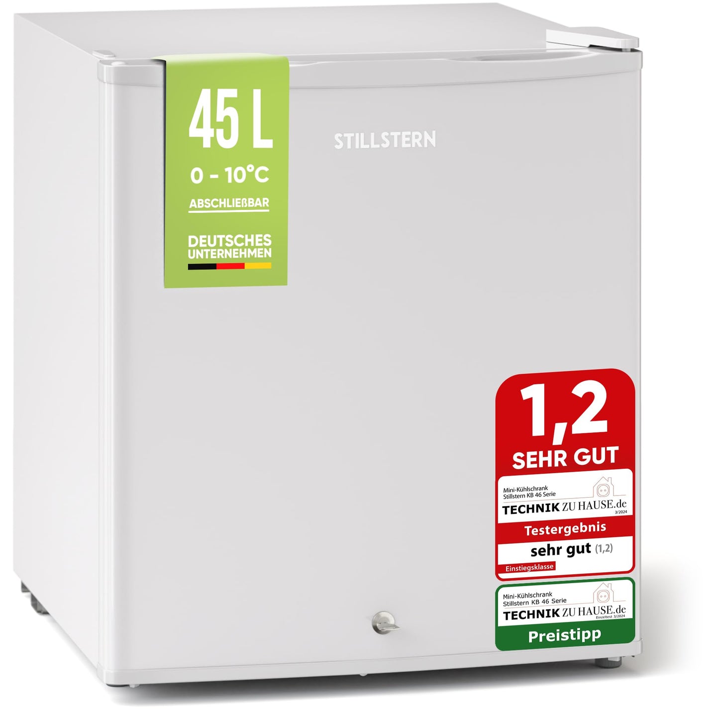 Stillstern Mini Fridge 45L with defrost function, lock, freezer compartment, quiet operation, ideal for kitchen, office, bedroom, hotels, and small apartments. Small refrigerator, minibar, beverage cooler in white.