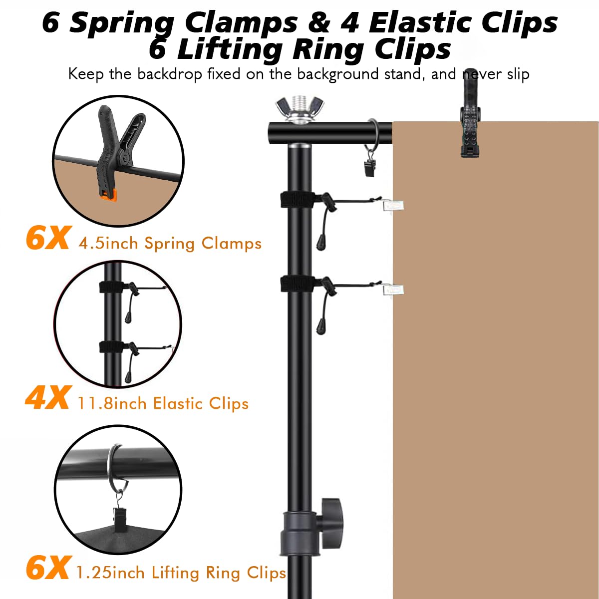 2.6x3m Photo Studio Background System Adjustable Photo Background Stand Set for Photography Party with 1 Carrying Bag, Support System Stand for Photos, Videos, Studio, 6 Spring Clamps, 2 Sandbags