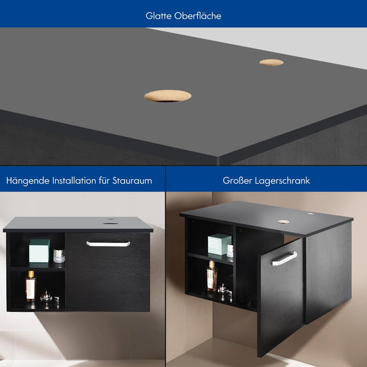 YU YUSING Bathroom Furniture Set Vanity Cabinet Bathroom Cabinet with Sink Base Cabinet Mirror, Bathroom Furniture with Washbasin, Mirror Cabinet, 2 Wall Shelves, Faucet Set (Modern Silver)