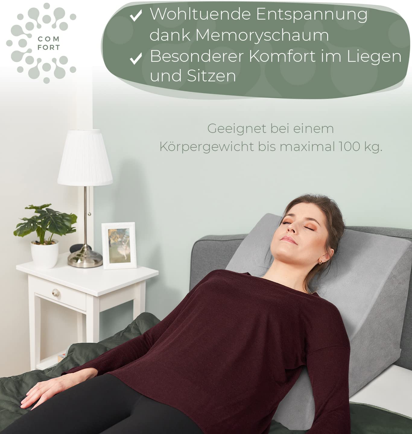 Ergonomic reading pillow for bed and sofa - Comfortable back pillow with memory foam - Usable as reflux pillow, wedge pillow bed, bed pillow backrest while sitting and lying, GRAY