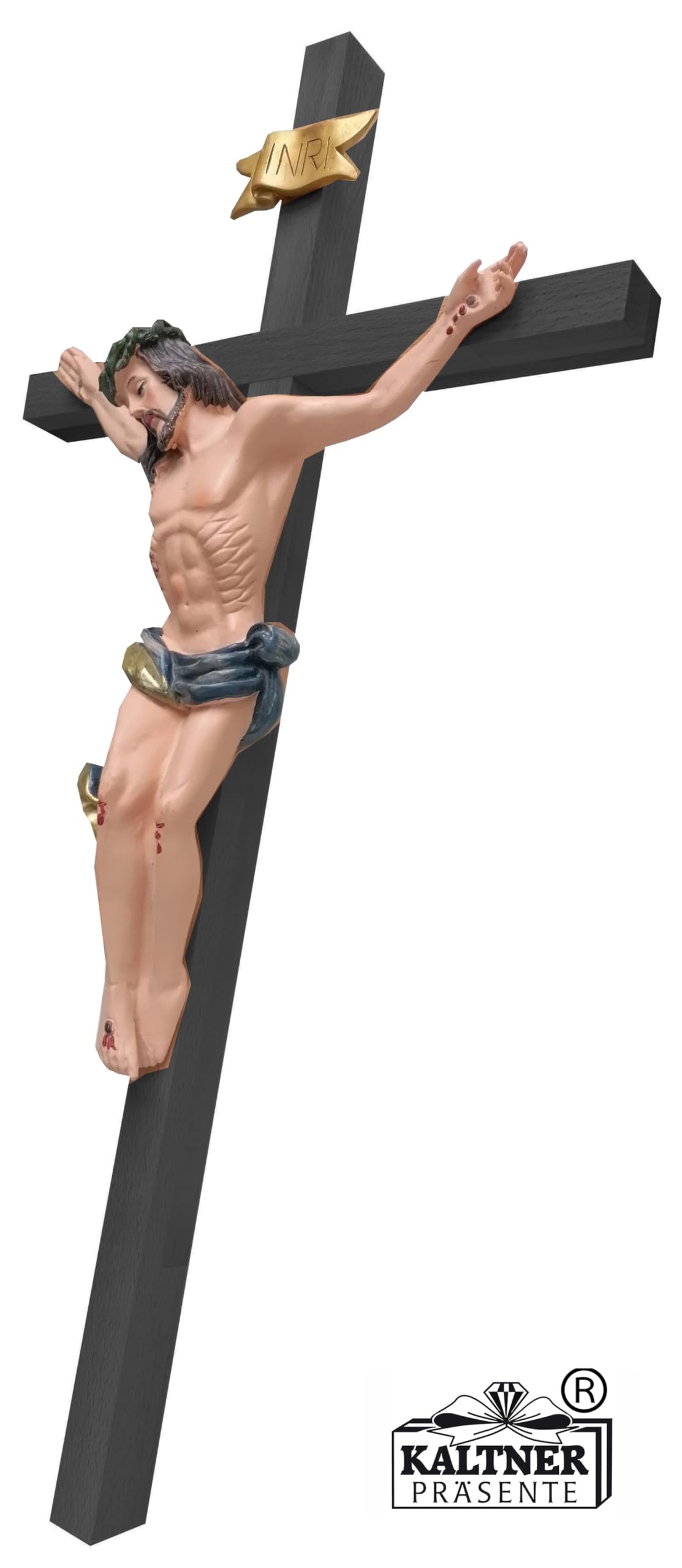 Kaltner Präsente gift idea - Wooden cross crucifix made of real beech wood in black with Jesus Christ figure made of hand-painted artificial stone (height 50 cm)