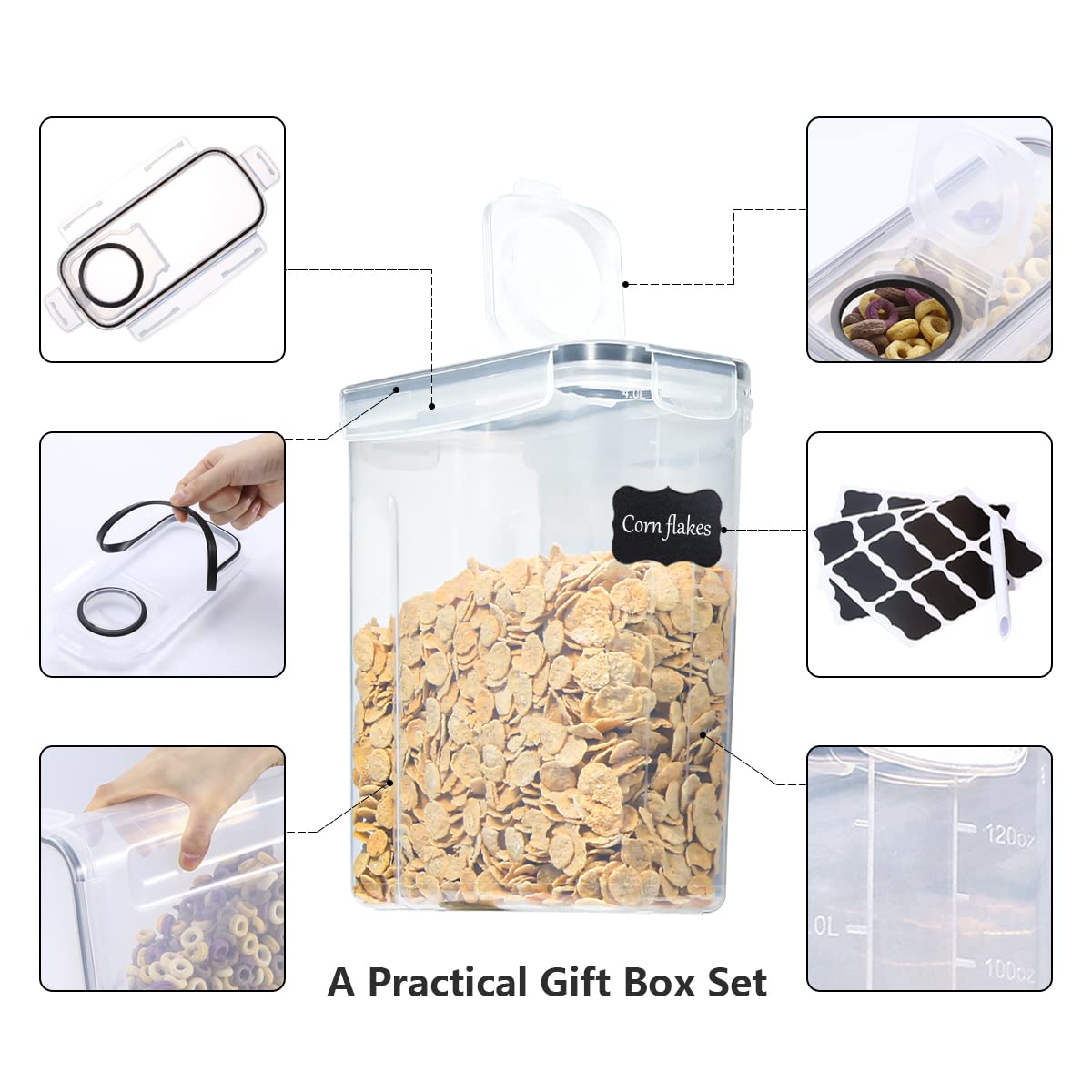 LUFEVRM 2.5L storage containers with lid, 4-piece airtight kitchen storage box sets, BPA-free plastic cereal dispensers for dry goods like cereal, flour, sugar, includes 24 labels.