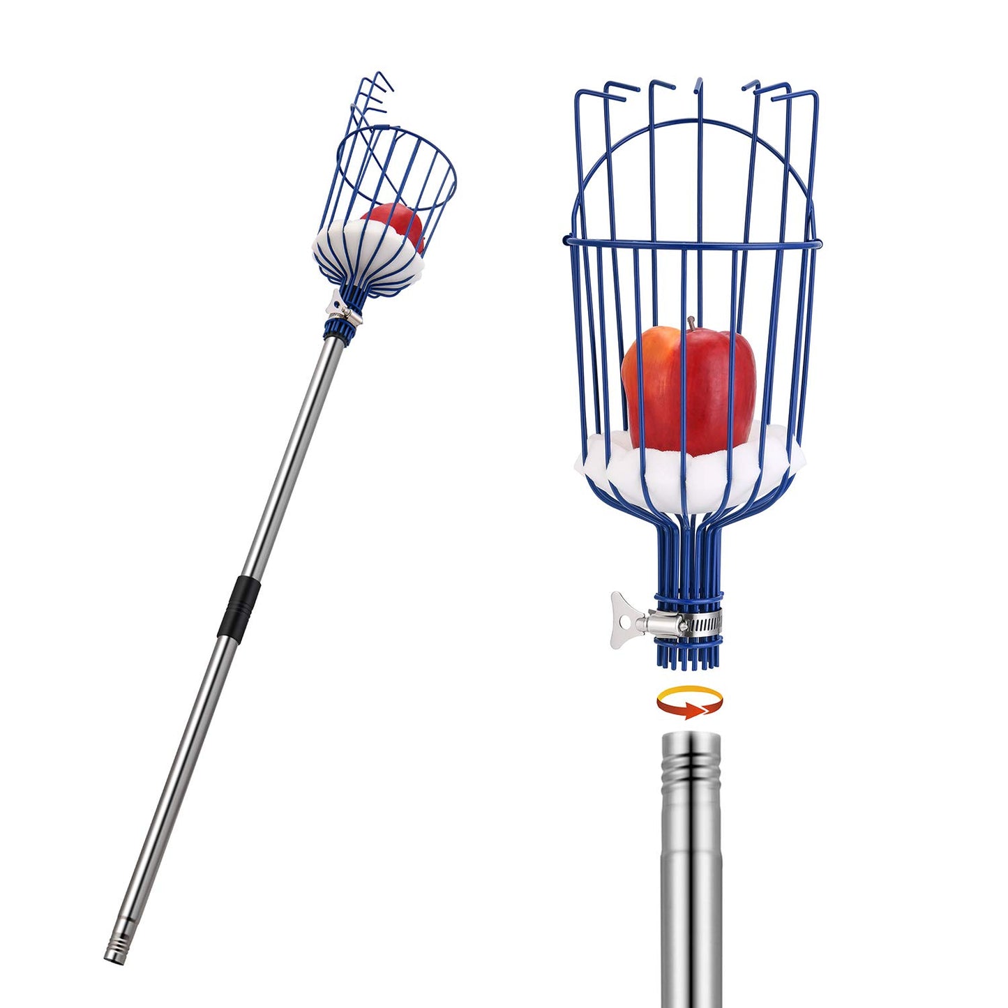 MaidMAX fruit picker with telescopic stainless steel handle 4 meters, apple picker with joint and foam pad, gripper with basket for fruit apple orange, light stable and space-saving.