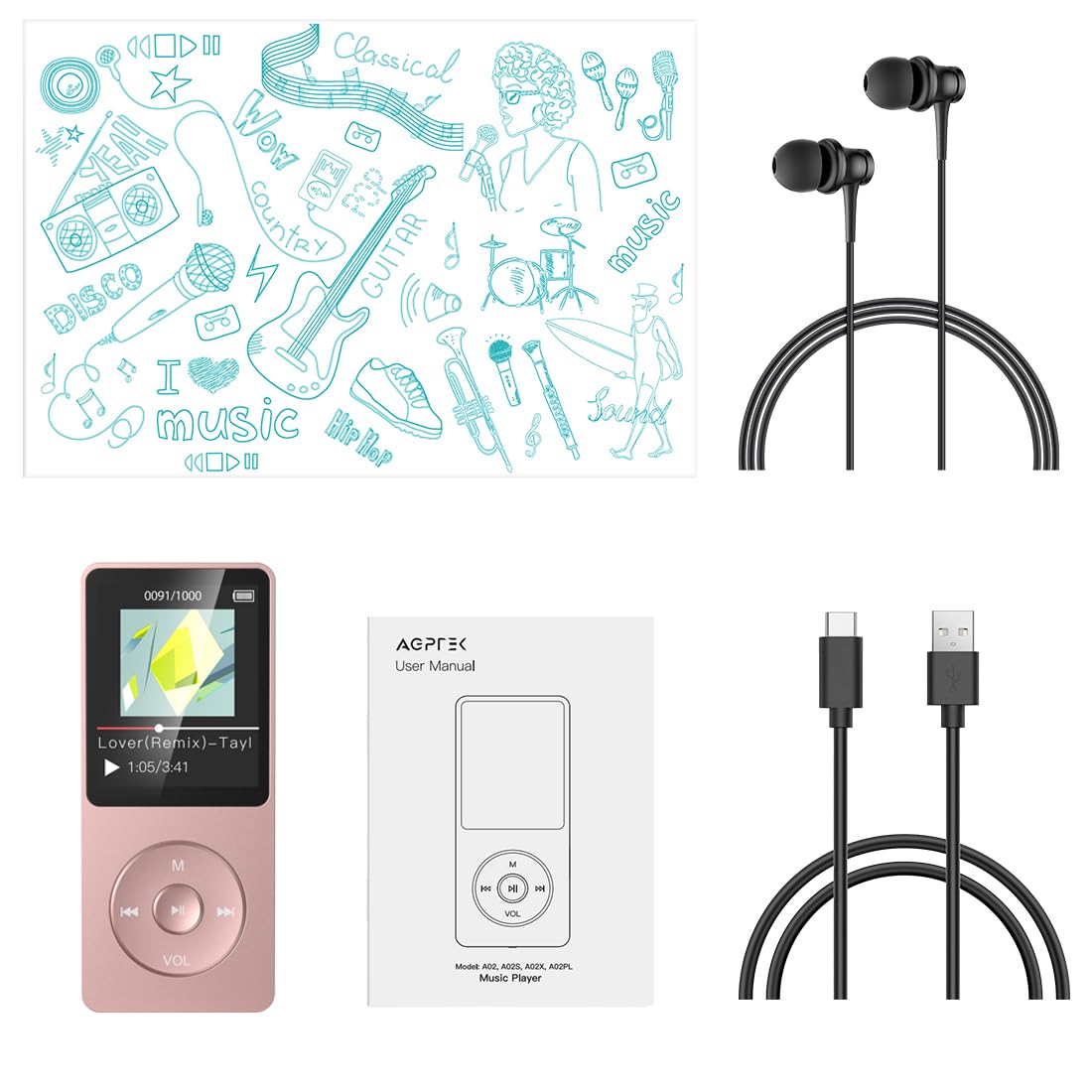 AGPTEK MP3 Player, 8GB/16GB MP3 Player 70 hours playback time MP3 Player (8GB, Rose Gold)