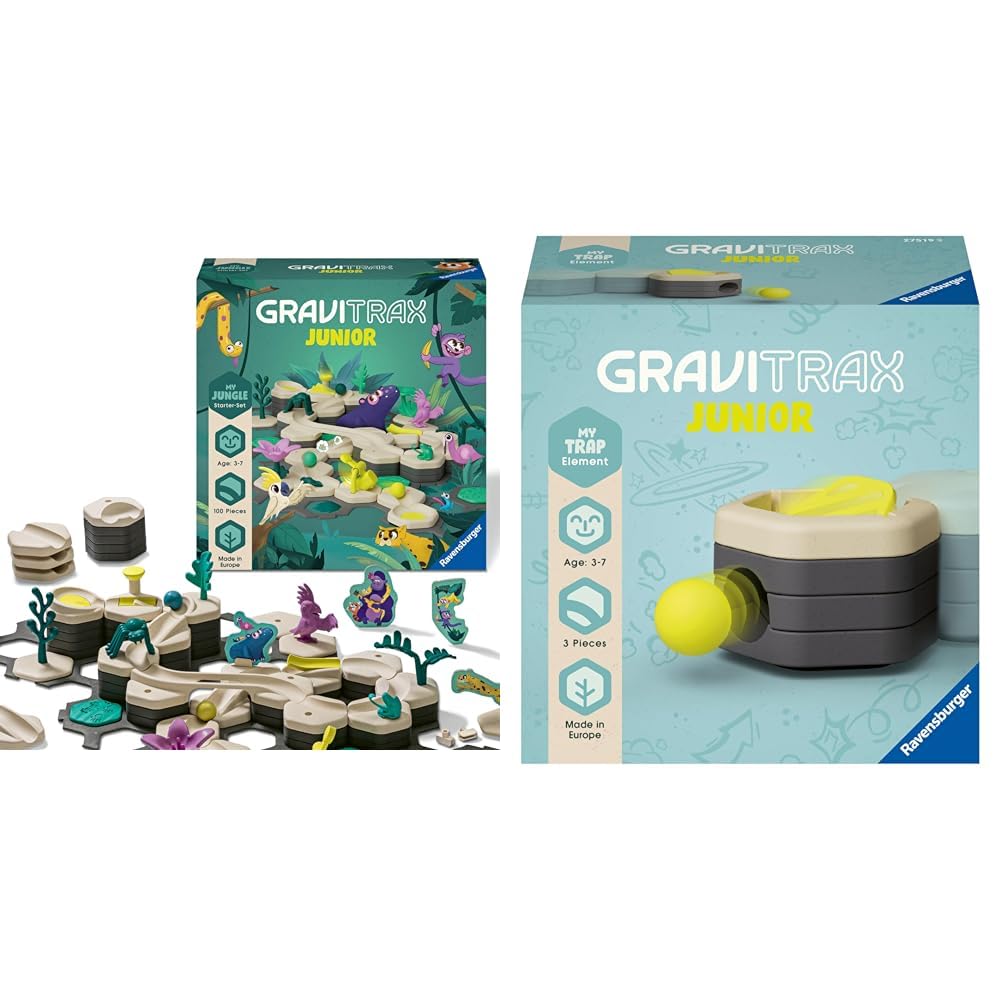 Ravensburger GraviTrax Junior Starter-Set L Jungle & GraviTrax Junior Element Trap - Expandable marble run for kids.