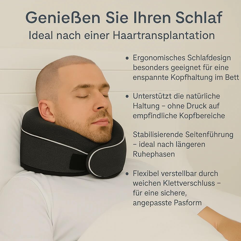 KÖHAIR neck pillow supports you during your restful night sleep after your hair transplant - Innovative travel neck pillow | Incredibly compact for relaxed travels on plane and car.