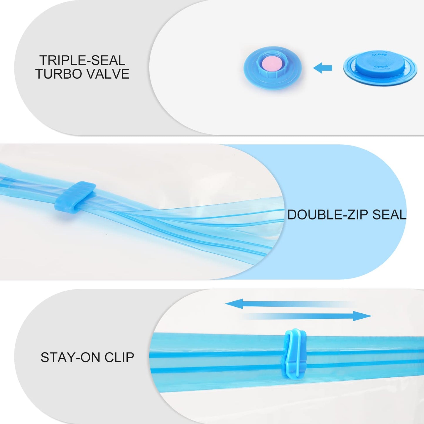 Vacuum storage bags for clothing and comforters, 20 pieces in 5 sizes (100x80, 80x60, 70x50, 60x40, and 60x40cm for travel) with a vacuum hand pump.