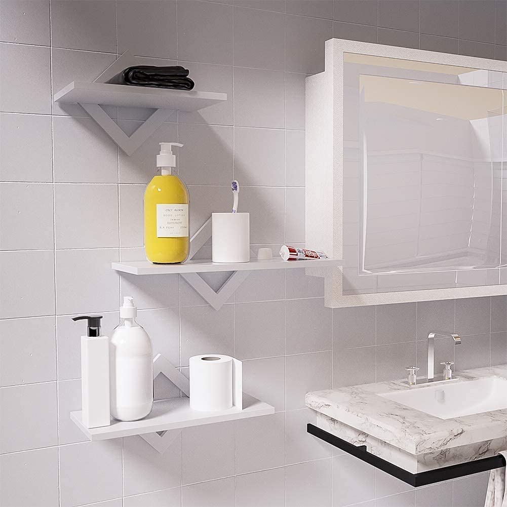 piorlado Wall Shelf Set in white, floating wooden shelf, sturdy wall hanging shelf board for up to 9kg, perfect for living room, bedroom, hallway, kitchen, shelf board lengths of 27/34/42cm.