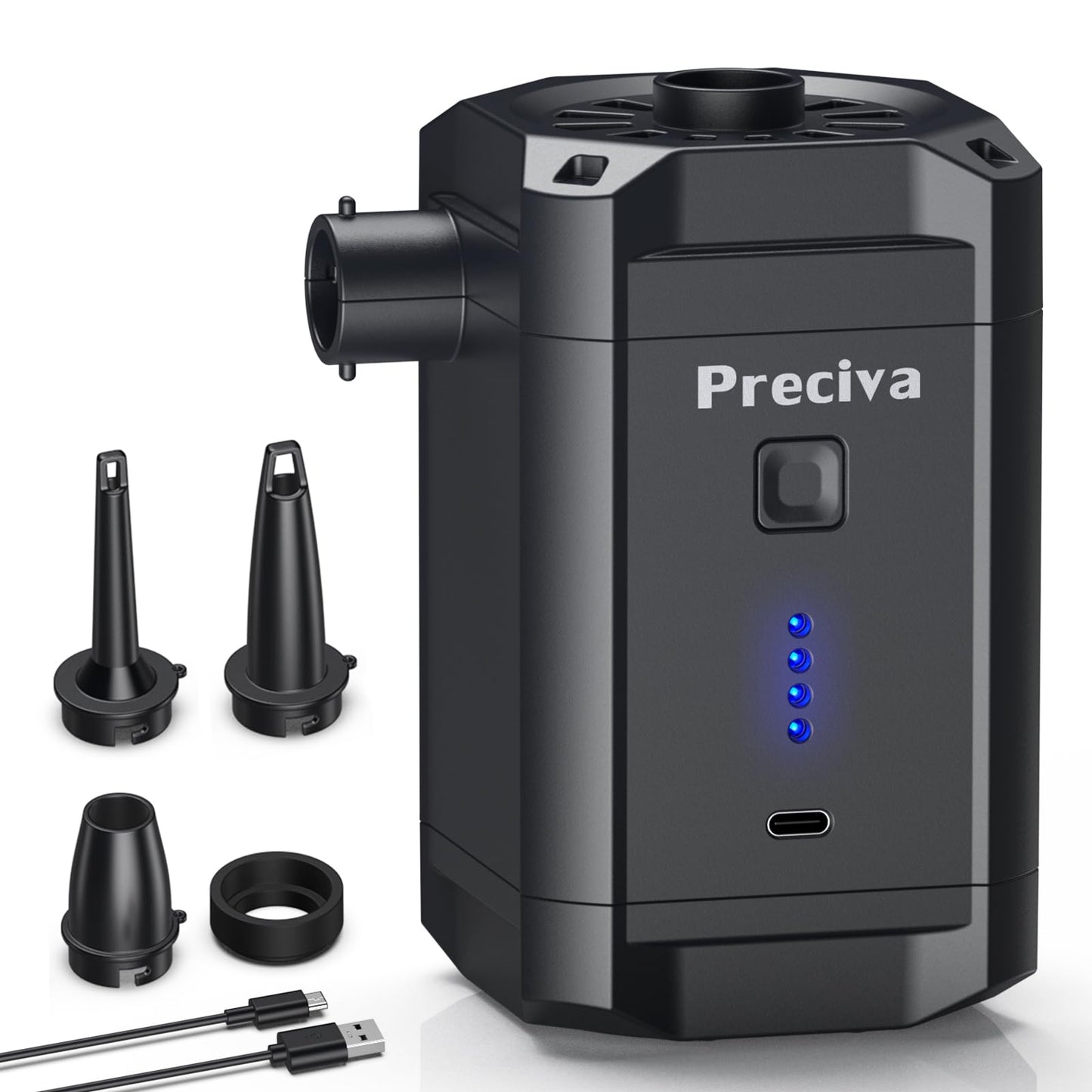 Electric air pump, 5200mAh rechargeable battery air pump portable with 3 nozzles USB-C for air mattresses, swim rings, camping. Includes bag, 280L/min. Perfect for beach, garden party, travel.