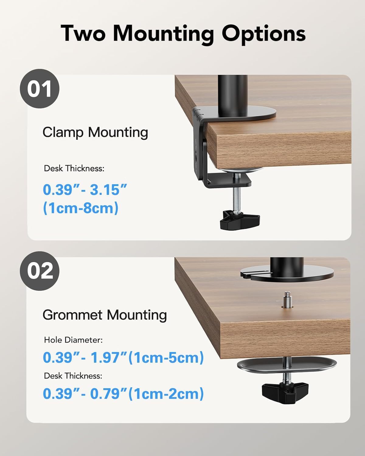HUANUO dual monitor stand for 13 to 32 inch screens, height adjustable, tilt, swivel, rotate, extended arm for two monitors, VESA 75/100.