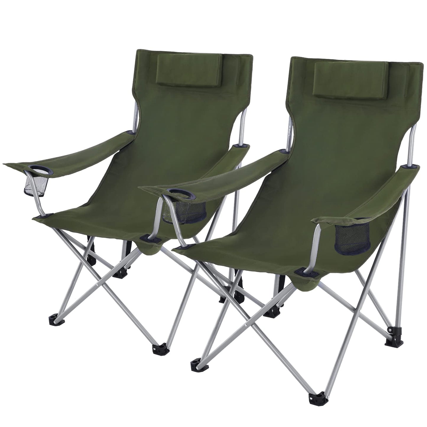 SONGMICS Camping Chair, Set of 2, Folding Chair, Outdoor Chair with Armrests, Headrest, and Drink Holders, Metal Frame, Supports up to 150 kg, Green GCB09AG02.