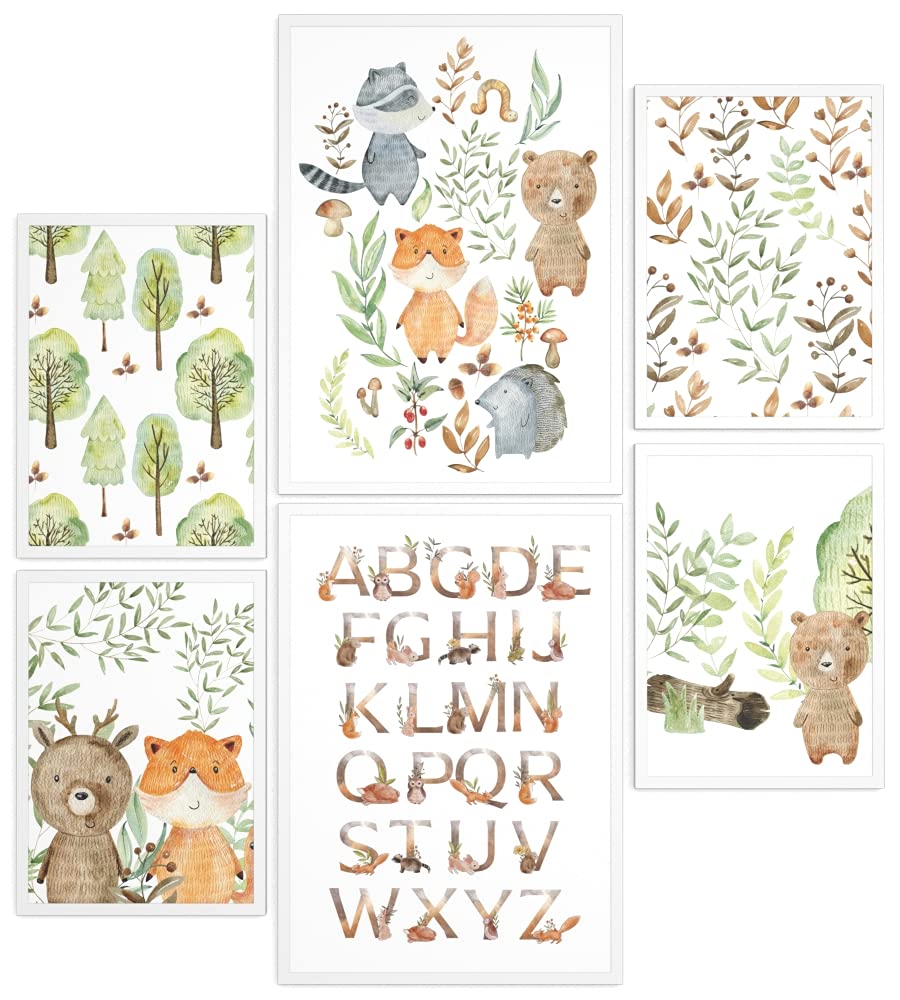 Papierschmiede® Kids Room Pictures Kids Mood Poster Set, Scout Animals, Framed pictures for children's room in white wooden frames, 2x DIN A3 and 4x DIN A4, Forest Alphabet Fox