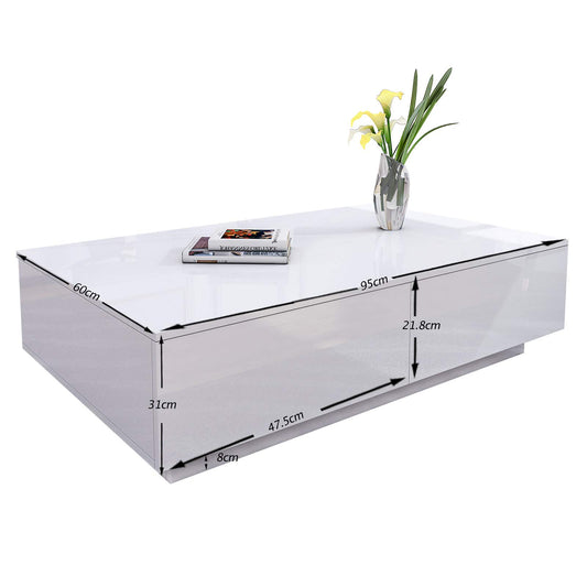 White high gloss coffee table with storage - Modern rectangular table with 4 drawers for living room & home office, high gloss finish & storage organizer 95x60x31 cm