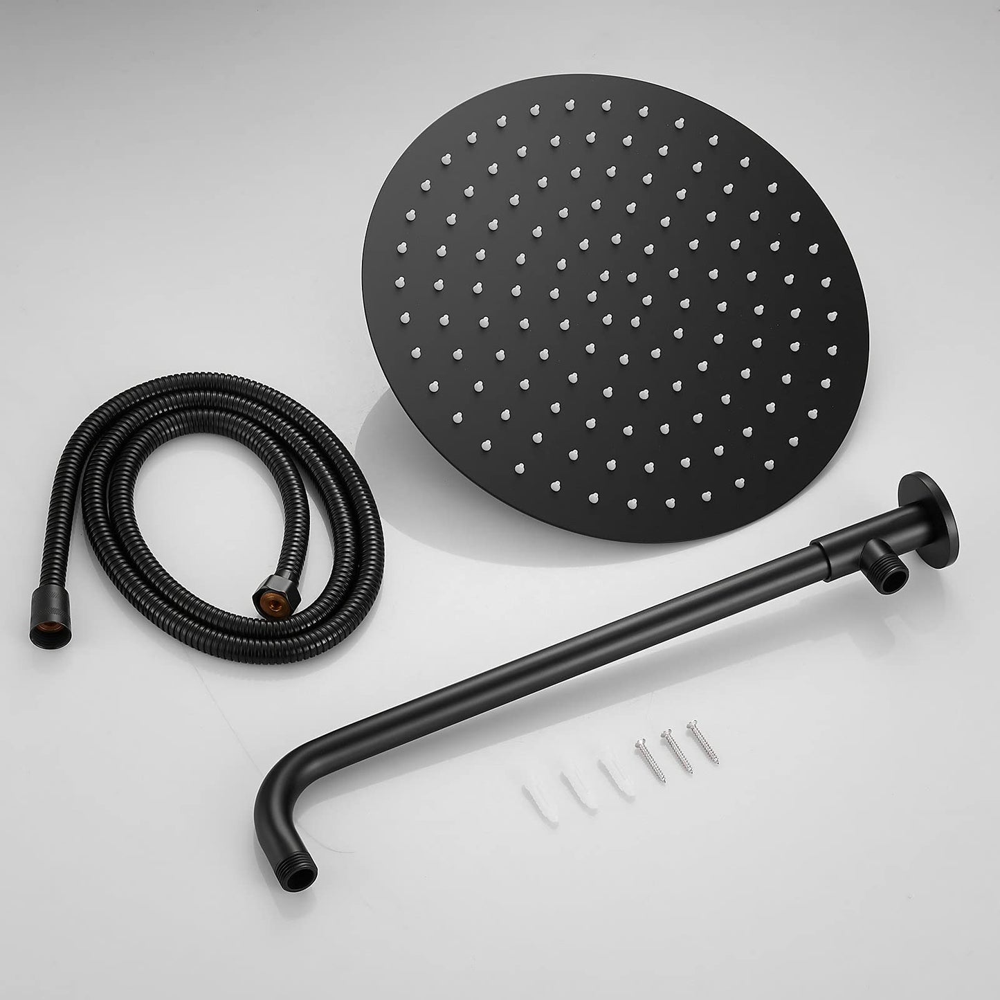 Matte black shower head rain shower with shower arm and hose, 25 cm