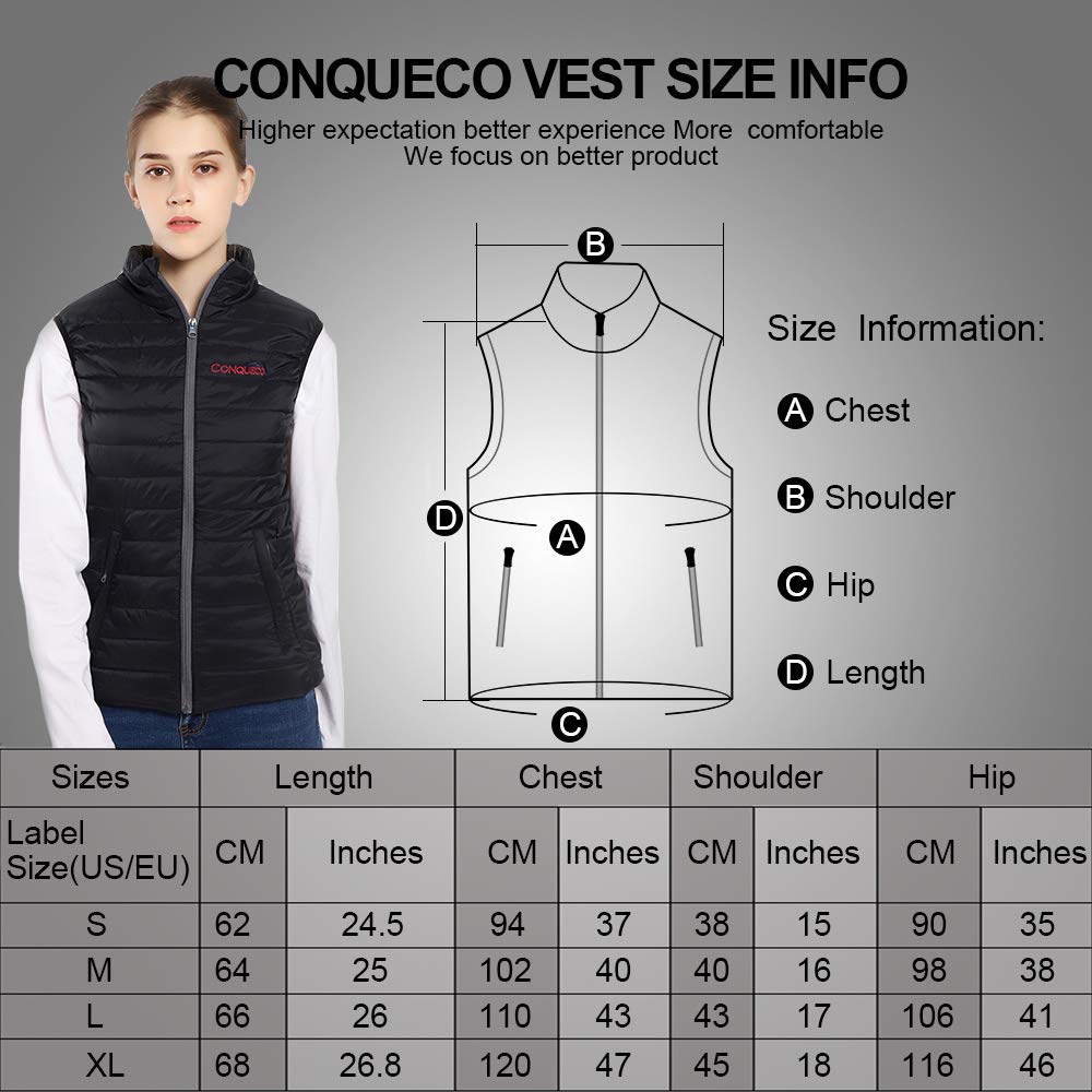 CONQUECO Women's Heated Vest Battery: Heated Jacket with 10000mAh Battery - USB Charging Heated Down Vest Clothing for Outdoor Travel Motorsport, S
