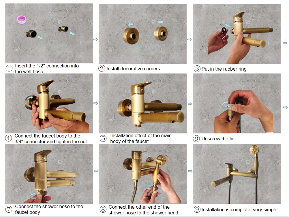 KOPYFANTAP Retro bathtub faucet with handheld shower brass antique, wall-mounted bathtub mixer tap shower set, 90° rotatable spout 15cm.
