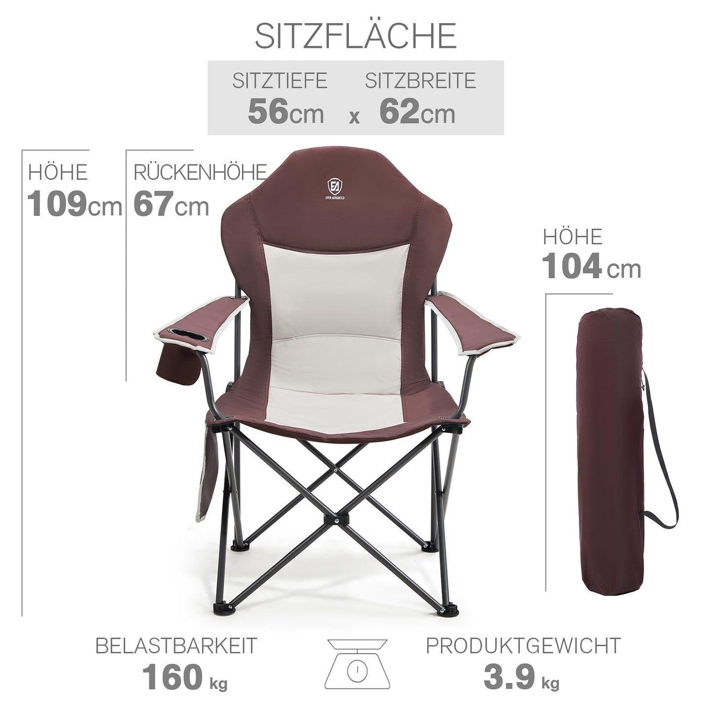 EVER ADVANCED Luxury Camping Chair Foldable 160KG Capacity Extra Large with High Backrest, Comfortable Folding Chair with Side Pockets & Cup Holder for Camping Garden Balcony Fishing, Outdoor Chair Fishing Chair
