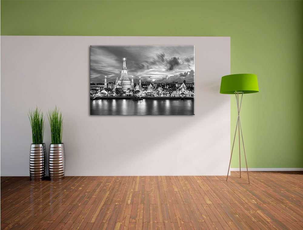 Pixxprint Wat Arun Night View Temple Bangkok Thailand Art B&W, Size: 100x70cm, Canvas Print, Stretched, Wall Art, Decoration, Art Print, not a Poster