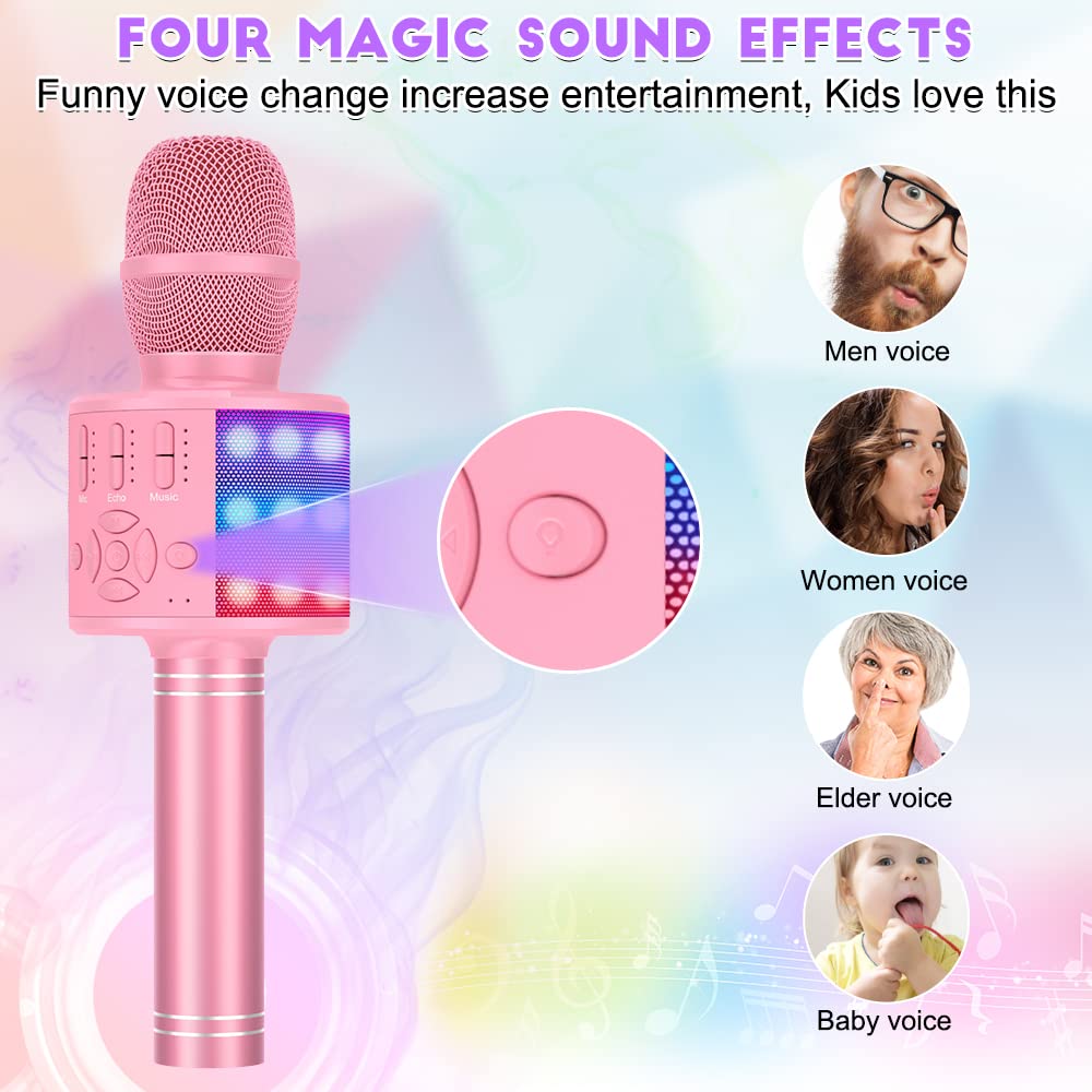 Magic Sing LED Karaoke Microphone for Kids, Wireless Bluetooth Toy for 3-12 Year Old Girls, KTV Speaker with Voice Changer, Home KTV Karaoke Machine for Android, iOS, PC (KP06-Pink)