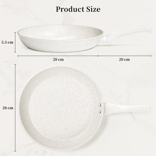 Innerwell 28cm non-stick frying pan with ceramic coating, induction compatible. Professional quality, ideal for omelettes and healthy cooking. Oven and dishwasher safe, white color, PFOA free.