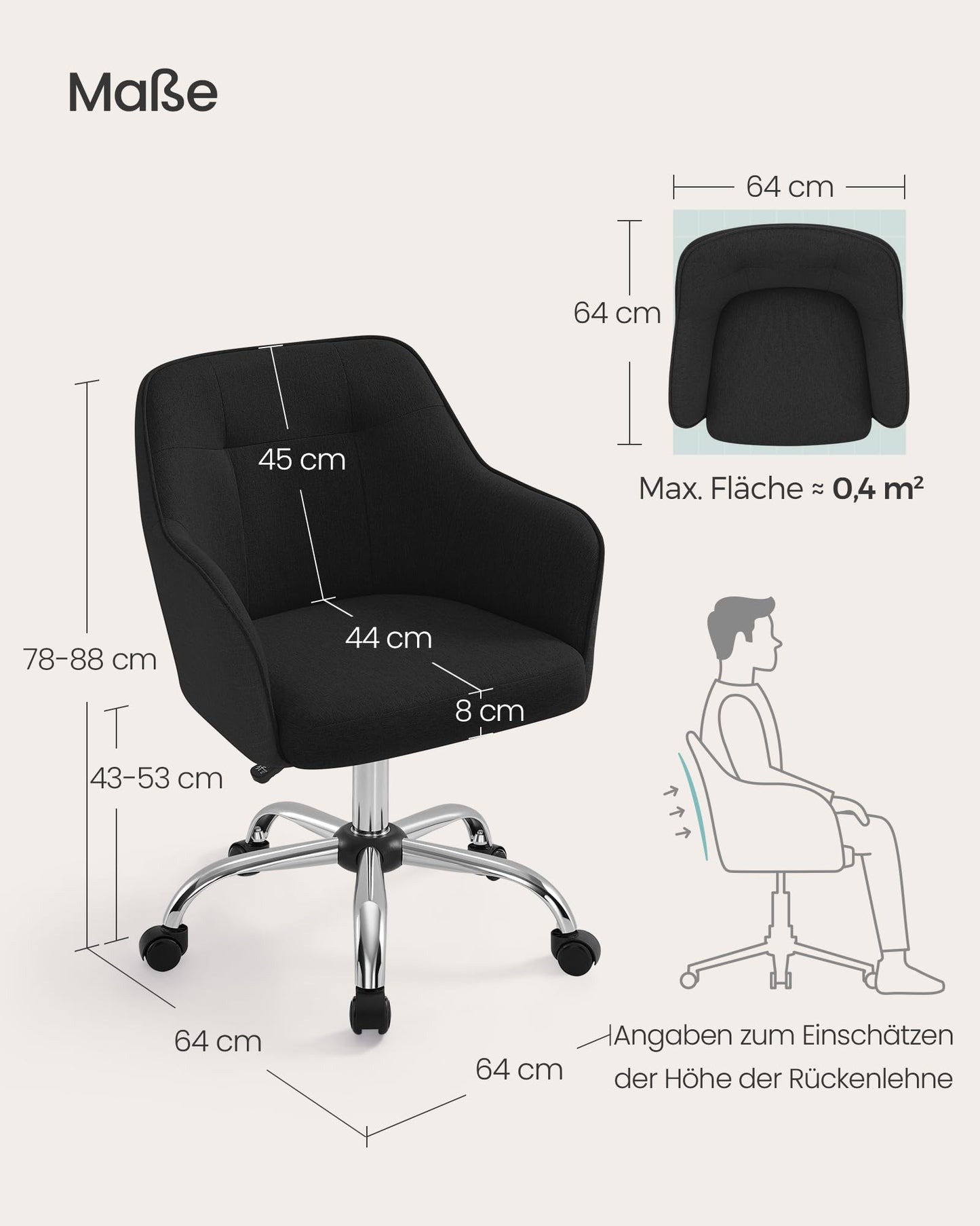 SONGMICS Home Office Chair, Swivel Desk Chair, Height Adjustable, Supports up to 110 kg, Breathable Fabric, for Home Office, Bedroom, Black OBG019B01