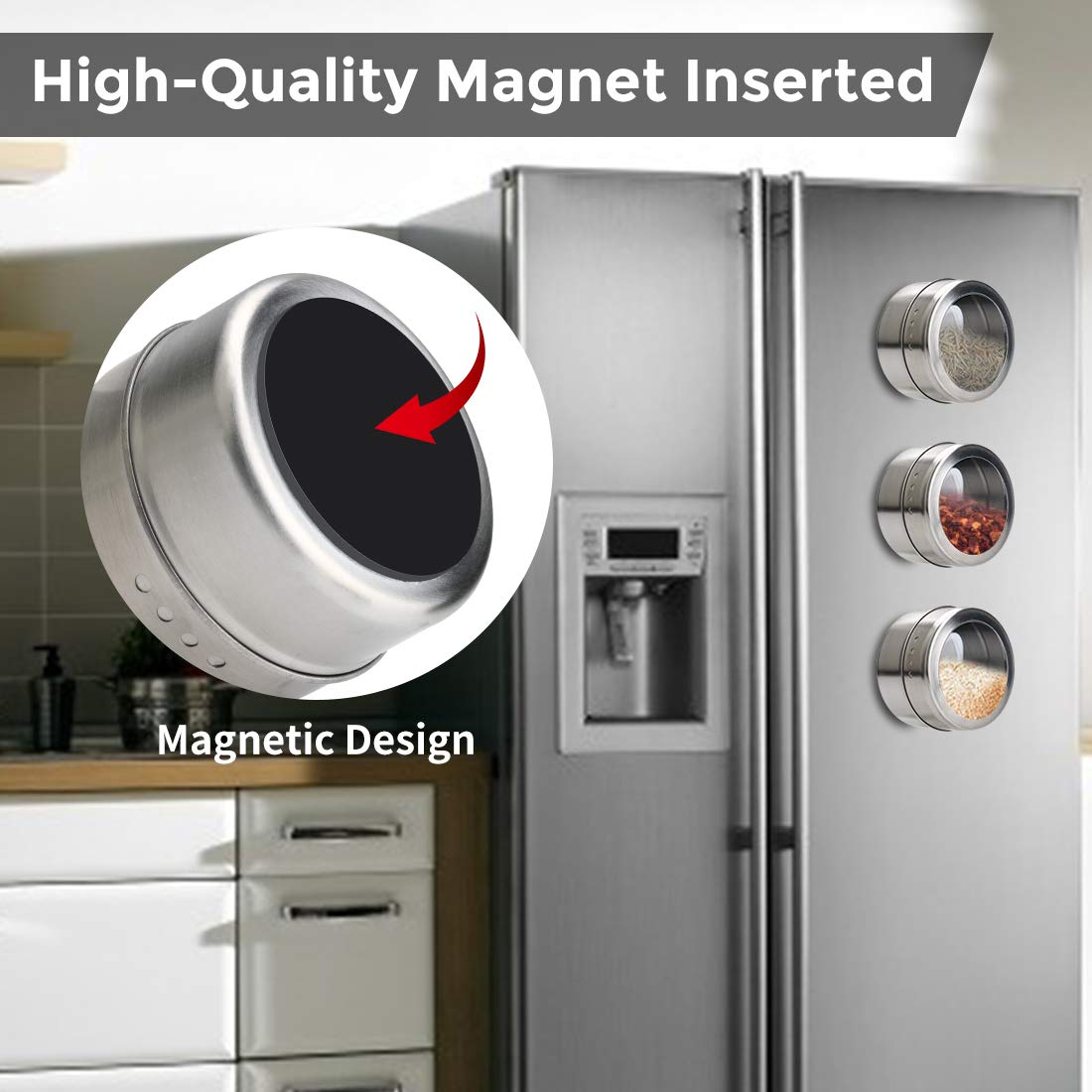 Aiyola magnetic spice jars 12-piece set with wall base, stainless steel lids easy to clean includes 120 labeling stickers