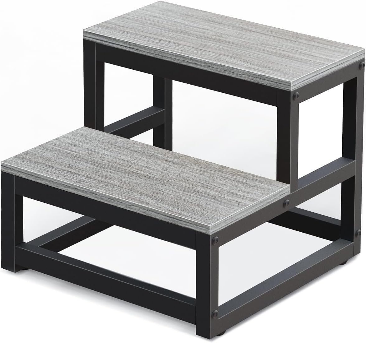 LIANTRAL Step Stool for Adults and Kids, 2-Step Stool, Heavy Duty Steel and Stable Wooden Stool, Holds up to 200KG, Step Stool for Bed, Kitchen, Bathroom, Grey