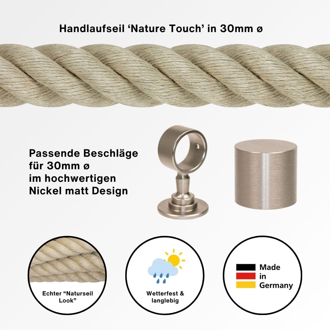 30mm handrail rope set - includes 2 end caps, 6 nickel-plated rope supports, and 6m of natural "Nature Touch" handrail rope