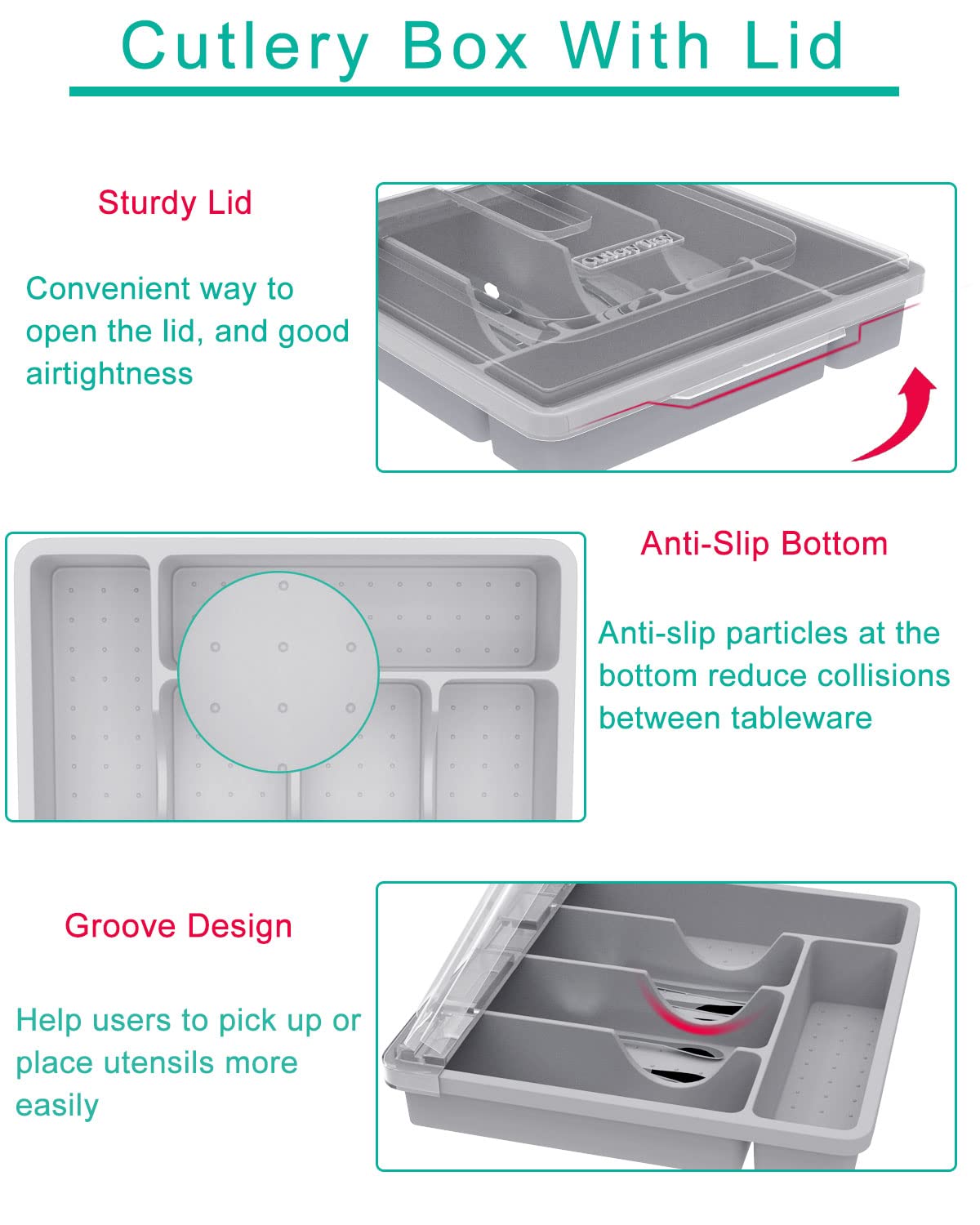 HIMAugbo cutlery box with lid, cutlery box for camping, plastic cutlery storage sorting tray for countertop/travel/kitchen board 30 x 30 x 7 cm, gray