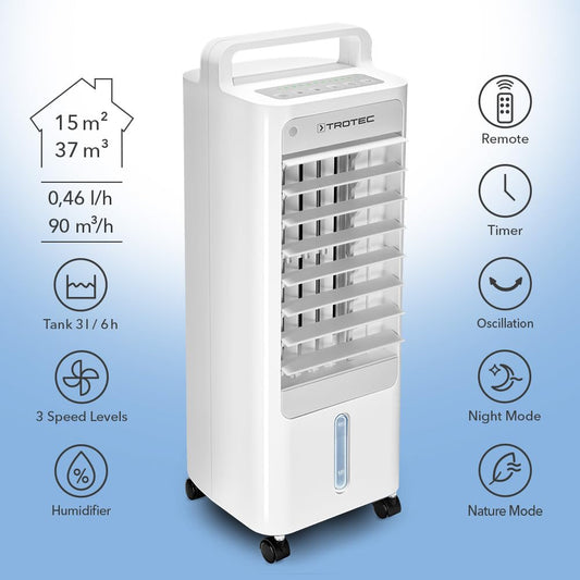TROTEC Aircooler PAE 12 air cooler 3-in-1 portable air conditioner fan humidifier 3 fan speeds 3L tank evaporative cooling air filter Honeycomb technology