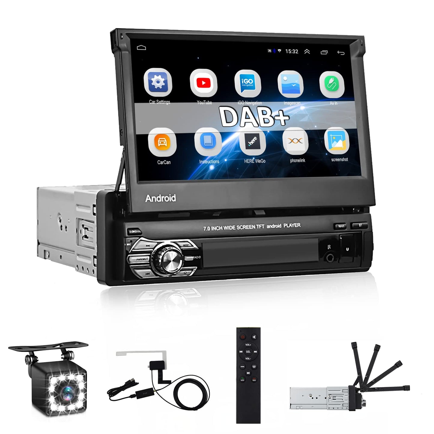 CAMECHO DAB+ Android car stereo 1 Din with navigation, 7 inch retractable screen with Bluetooth hands-free calling Mirror-Link AUX-in FM USB+backup camera & microphone