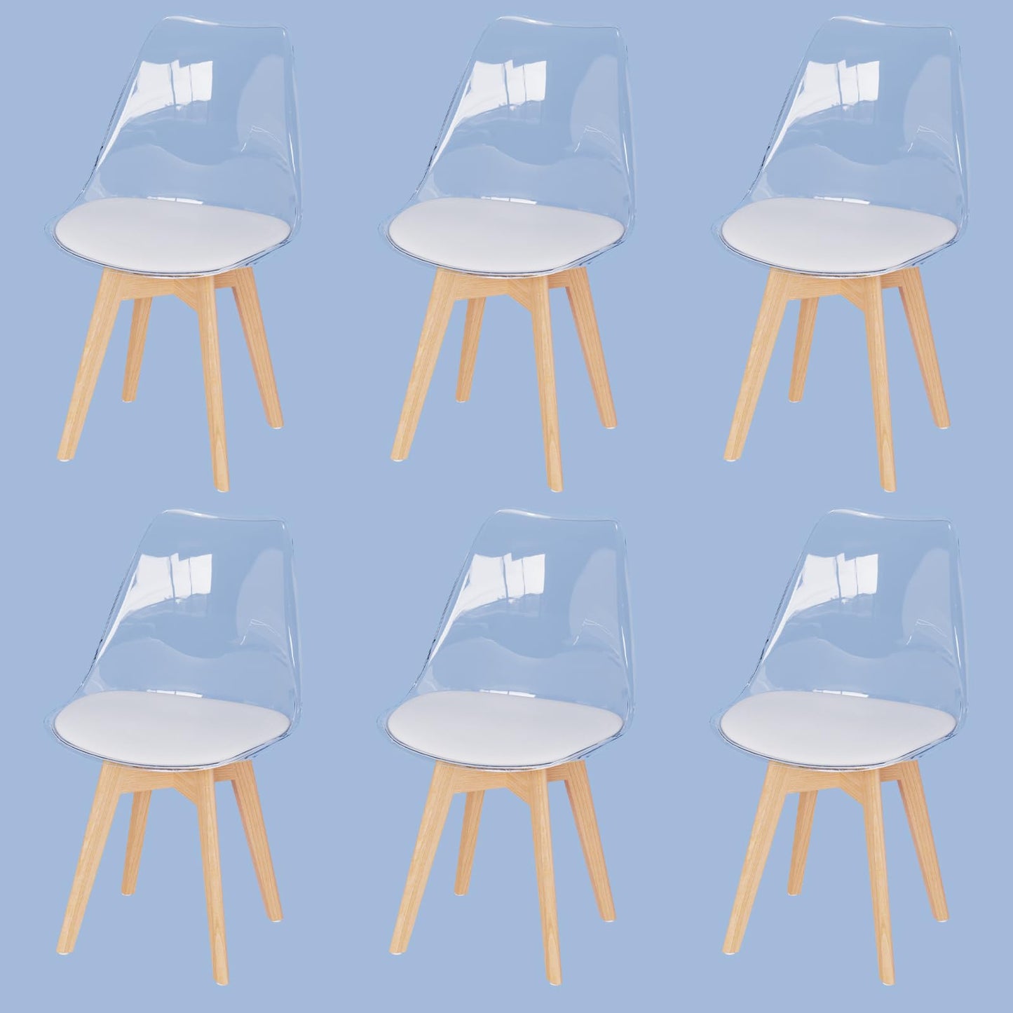 JIJIAN set of 6 dining chairs, transparent TPE backrest, beech wood legs, PU leather upholstered, Nordic style. Suitable for dining room, kitchen, living room, office, cafe.