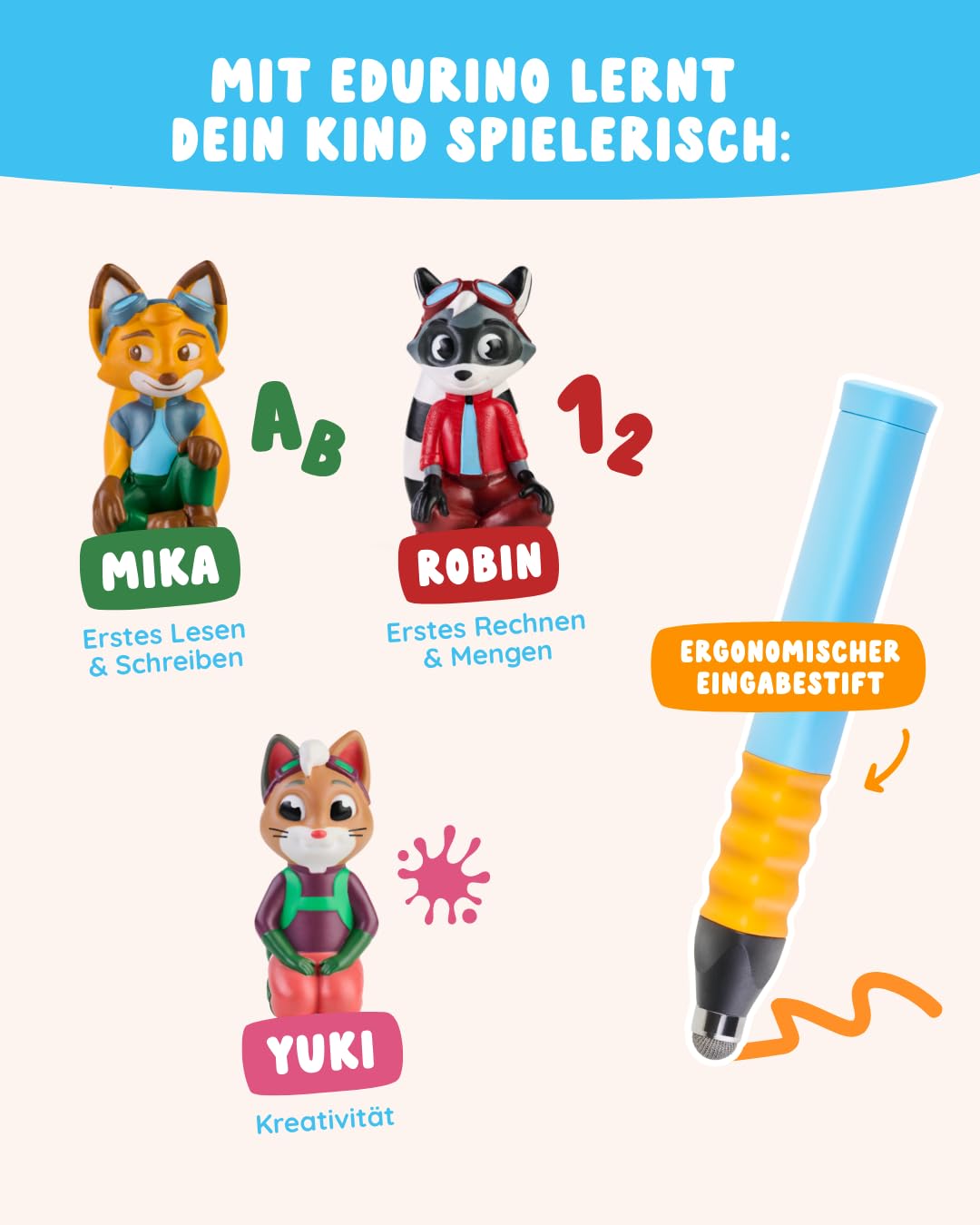 Edurino 3-in-1 Starter Kit | 3 learning games | for ages 4+ | Digital learning game with Mika First Reading & Writing, Robin First Numbers & Quantities, Yuki Creativity including pen