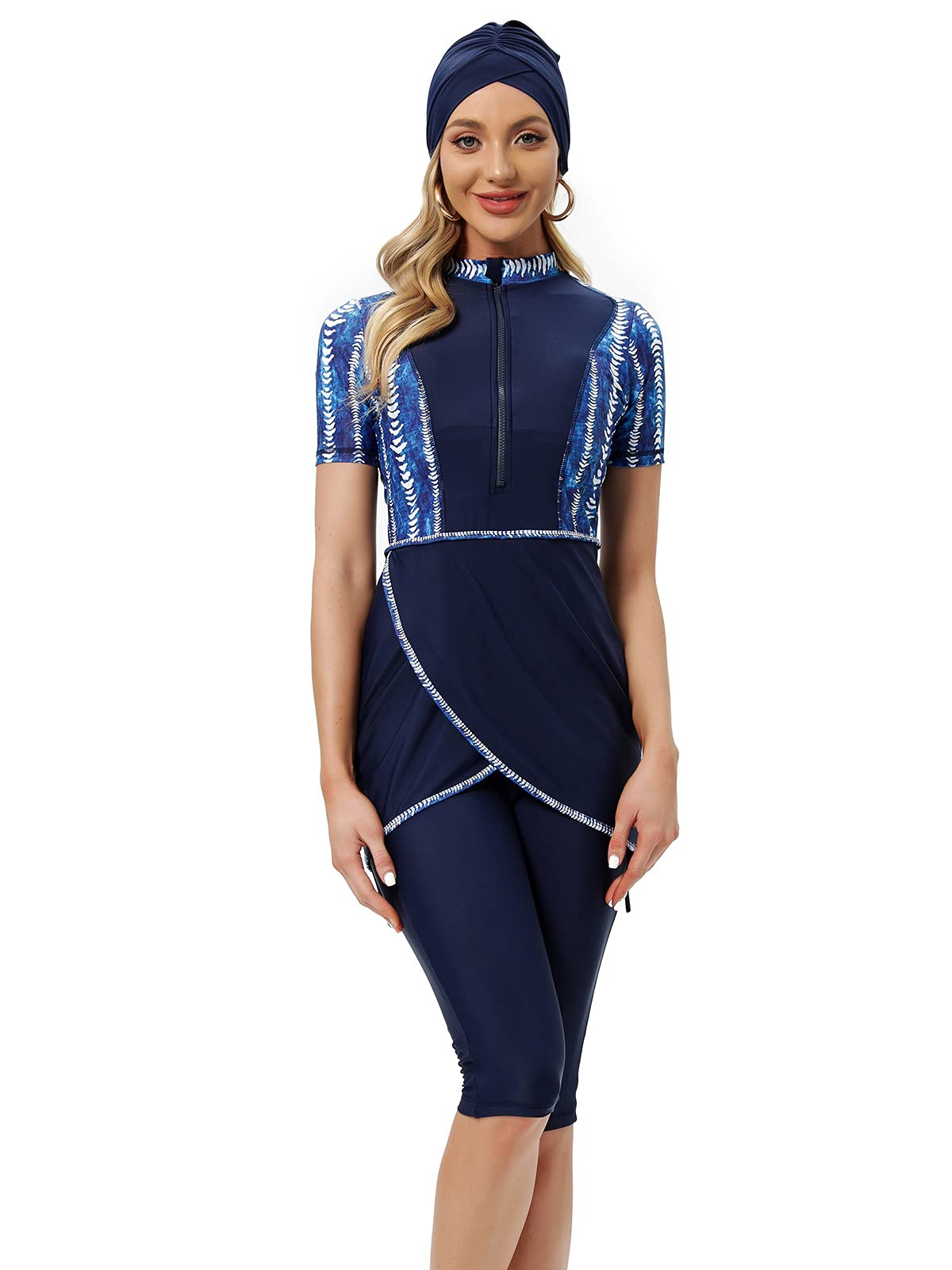 seafanny Women Muslim Swimwear Crop Short Burkini Modest Swimsuit with Front Zipper 2XL(44)